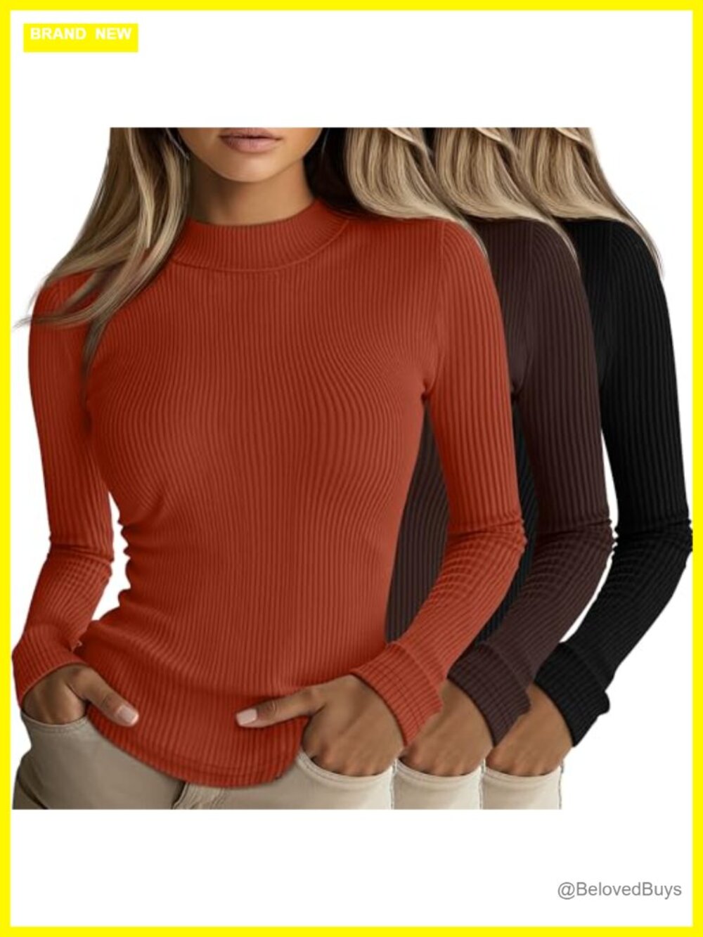 3 Pack Women's Mock Neck Ribbed Long Sleeve Tops Stretch Slim Fit Shirts